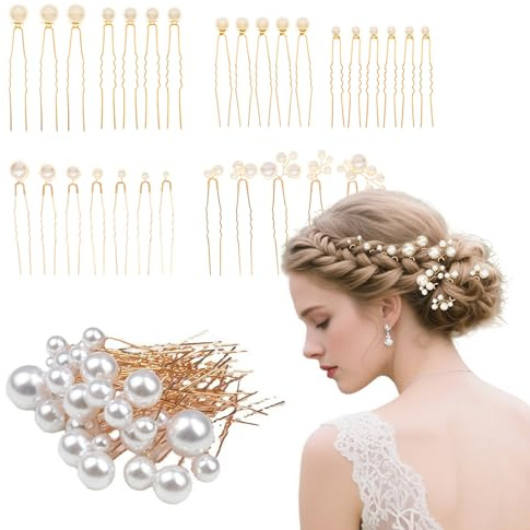MSLSOZ Pearl Hair Pins Set, 30Pcs Hair Styling Pins, U Shape Pearl Hair Wedding Accessories, Multiple Sizes Golden Wedding Elegant Decor for Bride, Bridesmaids, Women