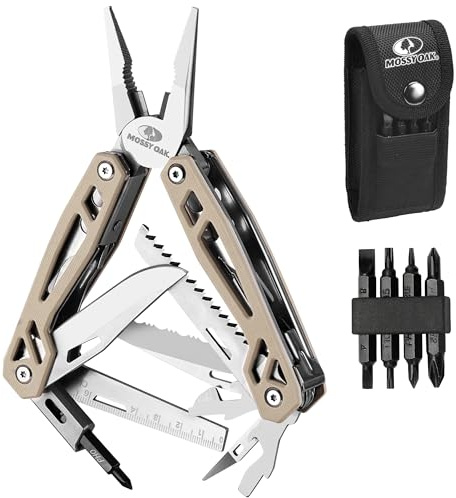 Mossy Oak 22-i-1 Multifunktionshylsnyckel, Rostfritt Multiverktyg, Fällbart Multi-Tool med Bits, Kniv, Såg och Linjal, Utomhusverktyg för Camping, Vandring och Reparation, inkl. Förvaringsväska, Brun
