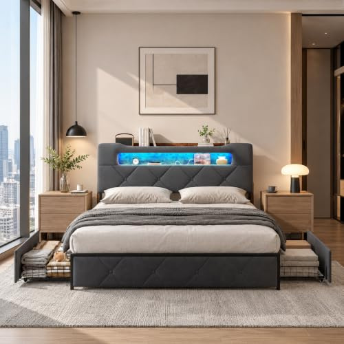 Funktionssäng 160 x 200 med LED och USB-port, Rembourrerad dubbelsäng med 4 lådor och sängbotten med latten, Sängram med förvaring, Sängram av sammet