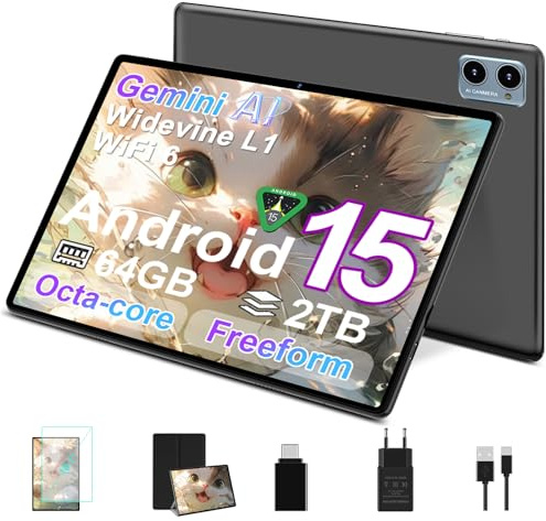 Tablette SUAAT Android 15 avec 64 Go de RAM + 2 To TF, écran de 10,1 pouces, Octa-Core, Gemin AI, WiFi 6, Bluetooth 5.0, double caméra 8 MP + 5 MP, 1280 * 800 HFD, Cast, OTG, Type C, avec étui, Play