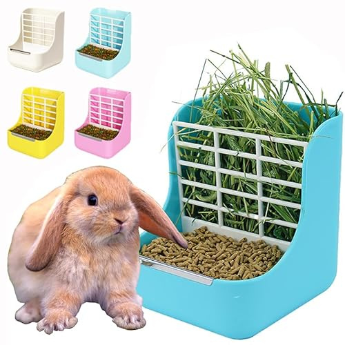 MINGZE Alimentador de heno para Conejo, para Chinchillas, Grandes, cobayas, contenedores de Alimentos 2 en 1,Contenedor de Recipiente de Comida Fija (Azul)