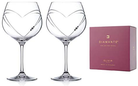 DIAMANTE Heart Gin Copa Glass Pair Heart Gin Crystal Glasses – ‘Hearts’ Collection Crystal Balloon Glasses Set of 2
