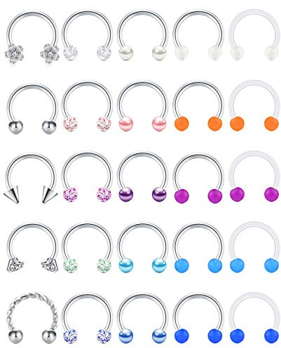 JFORYOU 16G Septum Piercing,Stainless Steel Horseshoe Hoop Circular Barbells Earrings 25Pcs Cartilage Helix Lip Rings Flexible Retainer Piercing Jewelry 10mm