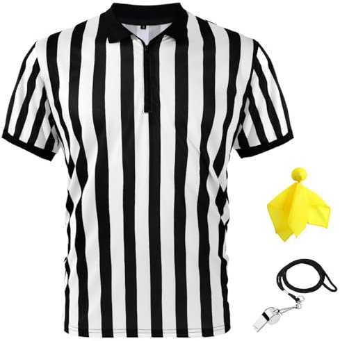Herren Offiziell Schiedsrichter Trikot, Schwarz Weiß Streifen Hemd mit Umgedrehtem Kragen, Gelb Elfmeter Flagge und Edelstahl Pfeife mit Lanyard für Basketball Fußball (XXL)