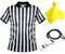 Herren Offiziell Schiedsrichter Trikot, Schwarz Weiß Streifen Hemd mit Umgedrehtem Kragen, Gelb Elfmeter Flagge und Edelstahl Pfeife mit Lanyard für Basketball Fußball (XXL)