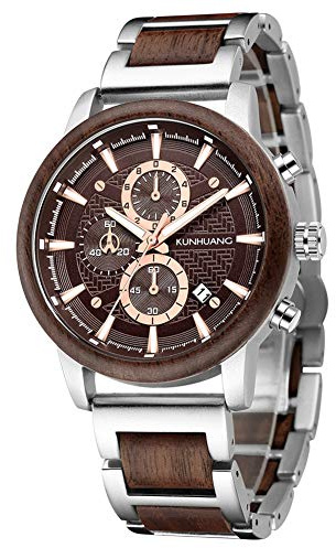 XIRUVE Orologio in Legno da Polso Uomo Calendario Cronografo Quarzo Naturale