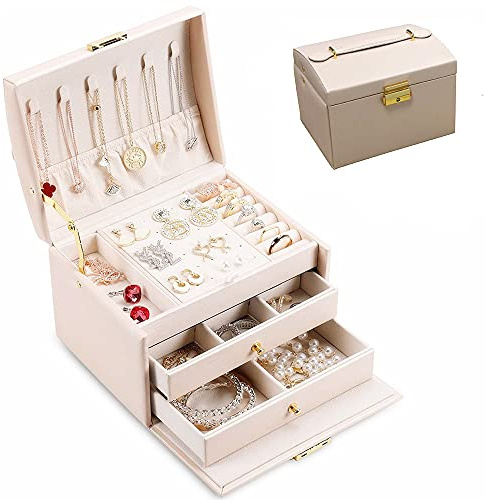 Ygapuzi Boîte à bijoux portable avec serrure,étui à bijoux à 3 couches pour femmes filles,convient aux boucles d'oreilles,bracelets,bagues,montres et accessoires,rangement et affichage (Rose nude)