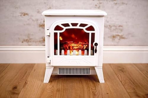 Marco Paul 1850W White Free Standing Electric Fireplace with Real Flame Effect Multiple Heat Settings & Thermostat Energy Efficient Low Energy Silent Mains Powered Heater for Home Living Room Bedroom