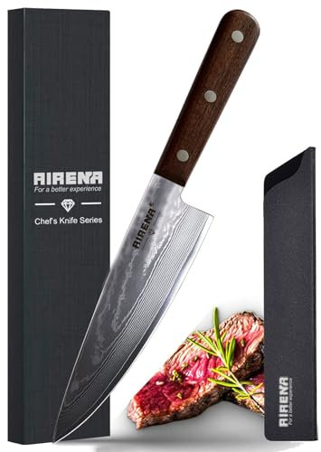 AIRENA Couteau de Chef Damas, Couteau de Cuisine Professionnel – Lame tranchante en acier Damas, Couteaux Japonais avec étui et Boîte Cadeau