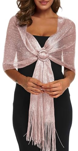 Rheane Sparkling Metallic Shawls and Wraps with Buckle for Evening Party Dresses Wedding Party, N. Rose Gold/Silver (With Gold Buckle), Large