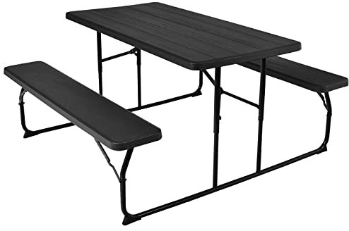 GYMAX Bierzeltgarnitur 3-teilig Gartenmöbel-Set 2 Bierbänke & Biertisch Picknicktisch Gartentisch Klappbar Sitzgarnitur Gartengarnitur Camping 151 x 136 x 72 cm Klapptisch Kunststoff (Schwarz)