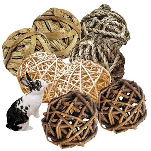 RunFar shop 6 palline da masticare, piccoli animali, giocattolo per l'erba per conigli, conigli, giocattoli intrecciati per piccoli animali, palline da masticare per la cura dei denti, palla di fieno