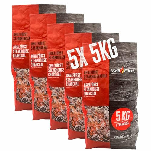 Grillfürst Steakhouse Kohle 25 kg - nachhaltige Restaurant Holzkohle in großer Stückelung und mit hohem Brennwert, saubere und effiziente Verbrennung, 5 x 5 kg