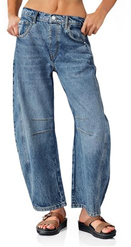 PLNOTME Pantalon en denim Boyfriend pour femme, style baggy à jambe large, taille mi-haute, fin cheville, 36