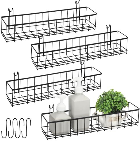 Sunnychicc Black 4 Pack Grid Wall Hanging Baskets with 16 S Hooks, 15.8 x 3.9 x 3.2 Inch Metal Wire Wall Mount Storage Baskets for Grid Panels, Retail Display, Kitchen, Bathroom