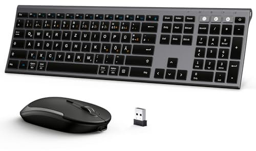 seenda Bluetooth Tastatur mit Maus Kabellos, Dual Bluetooth & 2.4G USB-Stick Tastatur Maus Set Kabellos, Wiederaufladbare Funktastatur Maus mit DE Layout für Mac/Windows/Android - Schwarz&Grau