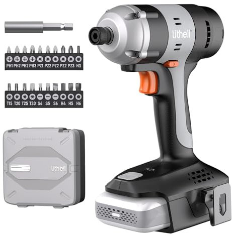 Litheli Taladro atornillador de impacto, 1/4, portabrocas hexagonal inalámbrico, con batería de 20 V, 10000 mAh, 180 Nm, 3000 IPM, incluye luz LED, clip para cinturón y 21 accesorios