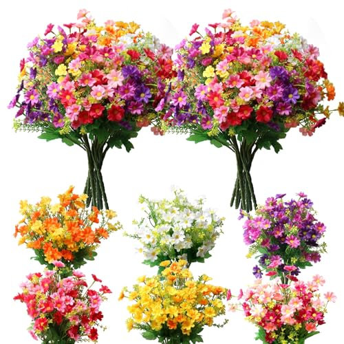 YXYQR 12 Bundles Artificial Daisy Silk Flowers Fake Wildflowers UV Resistant Faux Flowers Plastic Plants Greenery Floral Arrangement for Outdoor Indoor Pot Vase Graves Window Box Outside (Colored)
