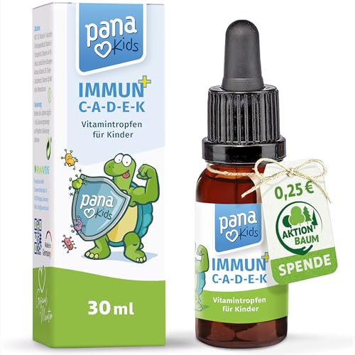 PanaKids IMMUN+ C-A-D-E-K Tropfen für Kinder – 30 ml – Mit Vitamin A, C, D3, E, K2 für Immunsystem & Knochen & Zellen – Hohe Bioverfügbarkeit – Laborgeprüft – Zuckerfrei & Vegan – Made in Germany