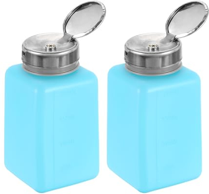 HARFINGTON 2pcs Solvent Alcohol Dispenser 200ml(6.8oz) Nail Polish Remover Push Down Liquid Dispenser Pump Bottle with Stainless Steel Press Head for Acetone Cleanser Polish Remover, Blue