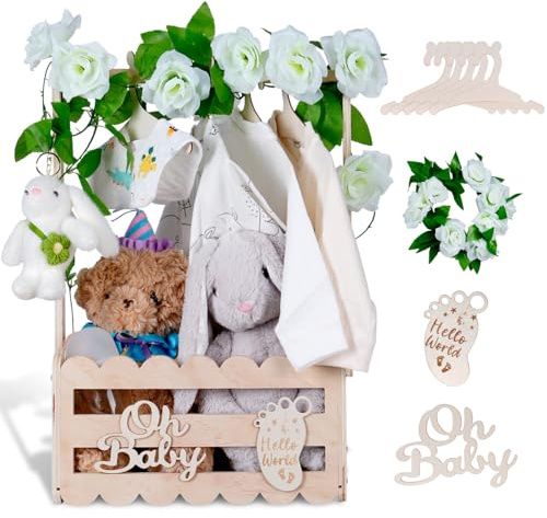 efluky Wooden Baby Shower Crate Closet with Handle,Storage Basket,Baby Clothes Hangers, Newborn Boy Girl Welcome Gift Basket