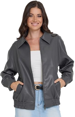 Steve Madden Leather Jacket Women - Faux Leather Bomber Motorcycle Jacket