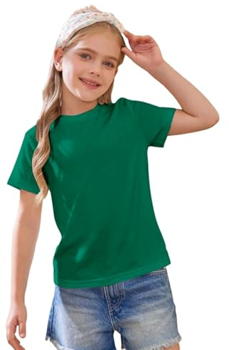 Mjjsk T-shirts pour filles - T-shirt d’été léger et élégant à manches courtes - T-shirt uni pour enfants - T-shirts doux et confortables - Hauts décontractés pour enfants, Vert, 8-9 ans