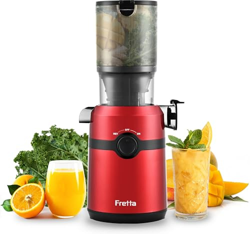 Extracteur de Jus, Fretta Extracteur de Jus de Fruits et Légumes Entiers, Grande Ouverture de 108mm Slow Juicer, 1L Capacité, Pression à Froid, Facile à Nettoyer, Sans BPA, 200W(Rouge)
