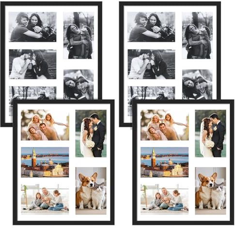 Zyghjort 4 Pack Collage Picture Frames, Wall Mountable Multi Family Photo Display Set with 2 Hooks, Horizontal or Vertical Hanging for 5 Pcs 4x6 or 1 Pc 11x14 Pictures for Home Office Decor