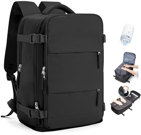 SEAFEW Zaino Sottovuoto da Viaggio con Pompa, Borsa da Cabina per Easyjet Bagaglio a Mano Impermeabile Lavoro e Scuola Trekking Casual Daypack per 15.6 laptop,K-Nero