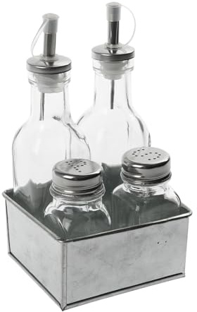 Equinox 529985 Juego de recipientes para condimentos - Juego de aceitera y vinagrera, salero y pimentero - Vinagrera - Tapas de acero inoxidable y soporte de zinc