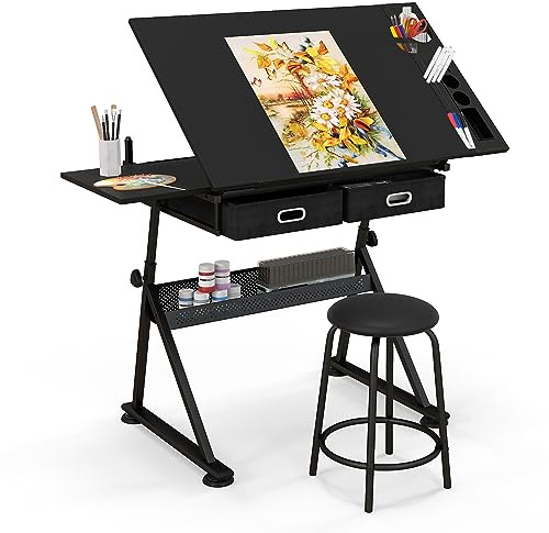 FANTASK Tavolo da disegno regolabile in altezza con sgabello, tavolo architettonico con piano inclinabile e 2 cassetti, scrivania per architetto e artista (nero)