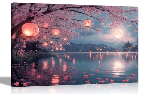 Artley Prints - Japanese Landscape Full Moon Lanterns on Trees Canvas Prints Framed Wall Art Scenery Pictures Ready to Hang Extra Large 101 x 76cm (40 x 30 inches)