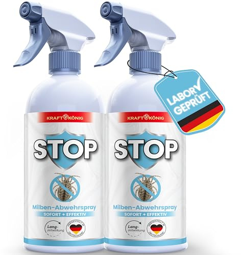 KRAFTKÖNIG Milbenspray 2x 500 ml – Hochwirksames Abwehrspray gegen Milben – Milbenspray für Matratzen, Polster & Textilien mit Langzeitschutz – Geeignet für Kinder, Allergiker & Haustiere