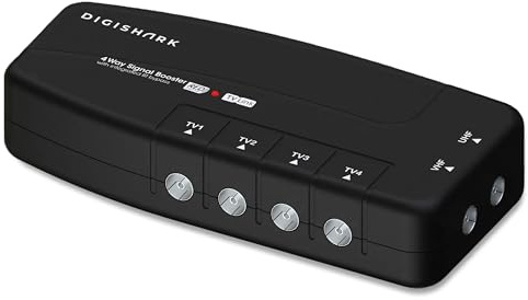 DigiShark 4 Way TV Aerial Signal Booster&Splitter Amplifier, Improves Picture Quality&Channel Reception, IR Bypass Compatible, Built-In 4G/5G LTE Filter, Freeview HD UHF Ch 21-60, 4K, FM&DAB