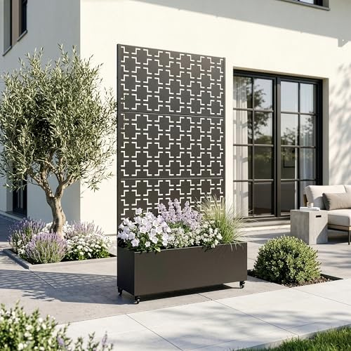 casa.pro Fioriera con Spalliera in Acciaio Pannello Divisorio Decorativo Portapiante a Rotelle Separè Privacy per Interni Esterni Giardino Terrazza Soggiorno 190 x 82 x 38 cm - Nero