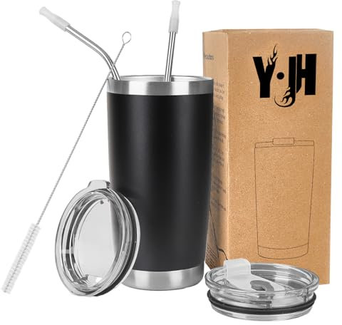 Y·J&H Y·JH 20oz (550ml) Bicchiere da viaggio Tazza da caffè a doppia parete isolata sottovuoto Tazza da caffè in acciaio inossidabile con 2 coperchi antispruzzo, 2 cannucce, senza BPA - Nero