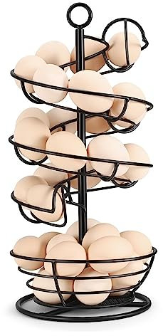 Flexzion Metal Egg Skelter Countertop Egg Holder - Sturdy Black Spiral Egg Holder with Bottom Basket and 360-Degree Rotatable Middle Pole Up to 36-Egg Capacity, Egg Storage Rack Solution