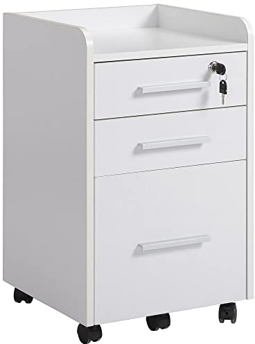 HOMCOM Caisson de bureau rangement bureau sur roulettes 3 tiroirs 1 verrouillable 1 trieur dossiers en bois blanc