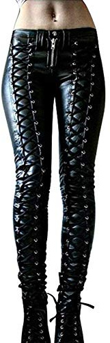 oytto Gothic Punk Leather Trousers Women Solid Color Bandage Skinny Party Night Club Leather Fashion Pants (Black,XL,XL)