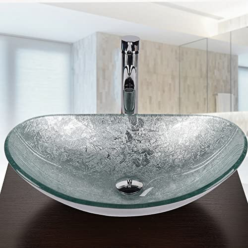 ARTETHYS Bathroom Sink, Countertop Wash Basin, Glass Vessel Washing Bowl Set with Tap, Cabinet Counter Top Sink with Faucet Pop-up Drain and Water Pipe for Vanity Cabinet Cloakroom, Oval Silver
