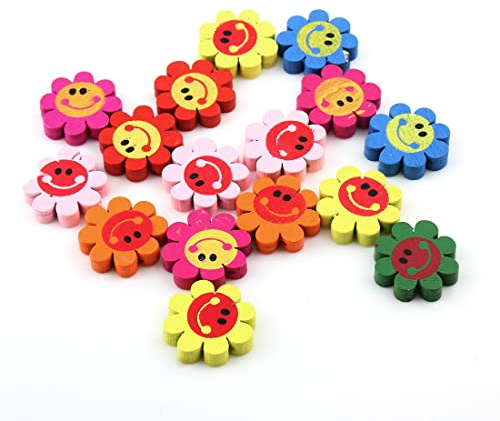 Perlin Lot de 20 perles en bois à enfiler - Motif : perles colorées - Pour bracelets DIY - Bijoux - Colliers - Couleurs mélangées (fleur avec visage smiley 22 mm)