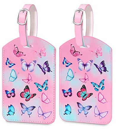 Luggage Tags,2 Pcs Leather Baggage Labels,Luggage Tags for Suitcases,Travel Luggage Tag with Name ID Card for Luggage Cruise Waterproof Travel Accessories (Butterfly)