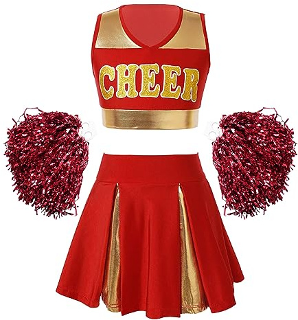 JEATHA Enfant Fille Uniforme De Pompom Girl Ensemble Cosplay Pom-pom-girl Robe De Danse Cheerleading Déguisement Halloween Fête Rouge 13-14 ans