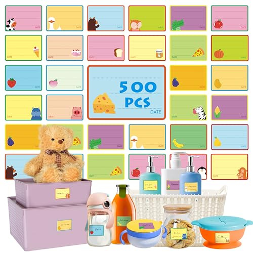 500 PCS Baby Food Labels, 25 Adorable Designs Removable Food Name Stickers Self-Adhesive Water/Oil/Tear Resistant Tags for Baby & Toddlers Food Containers, Water Bottles, School Supplies, Mason Jars