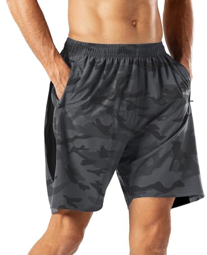 HMIYA Men's Casual Sports Quick Dry Workout Running or Gym Training Short with Zipper Pockets(Camouflage Gray,L)