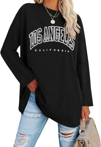 Ebifin T-shirt surdimensionné à manches longues pour femme - Col rond - Los Angeles - T-shirt à manches longues - Tunique basique