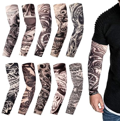 10 pezzi Set di maniche per tatuaggi, maniche per braccia fake tattoo per uomini e donne, tatuaggi temporanei, bracciali in nylon neri per protezione solare, per carnevale e feste in maschera