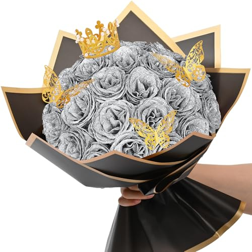 Waipfaru Ramo de rosas con purpurina, ramo de flores falsas para bricolaje, flores artificiales plateadas, San Valentín, aniversario, compromiso, boda, 24 unidades