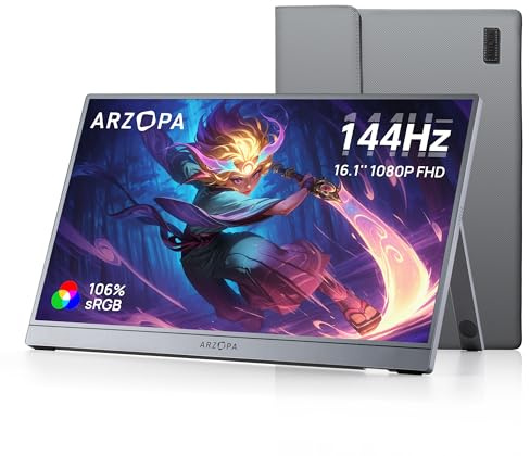 ARZOPA 16,1 Zoll 144Hz Tragbarer Monitor mit Aufbewahrungstasche, 106% sRGB FHD 1080P 144Hz Gaming Monitor, Ultraflach - Augenschutz, Externe Zweitbildschirme für Laptop/PC/Mac/PS5/Xbox - Z1FC Grau